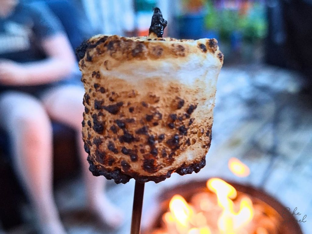 Close up of a toasted marshmallow on a skewer over a firepit.