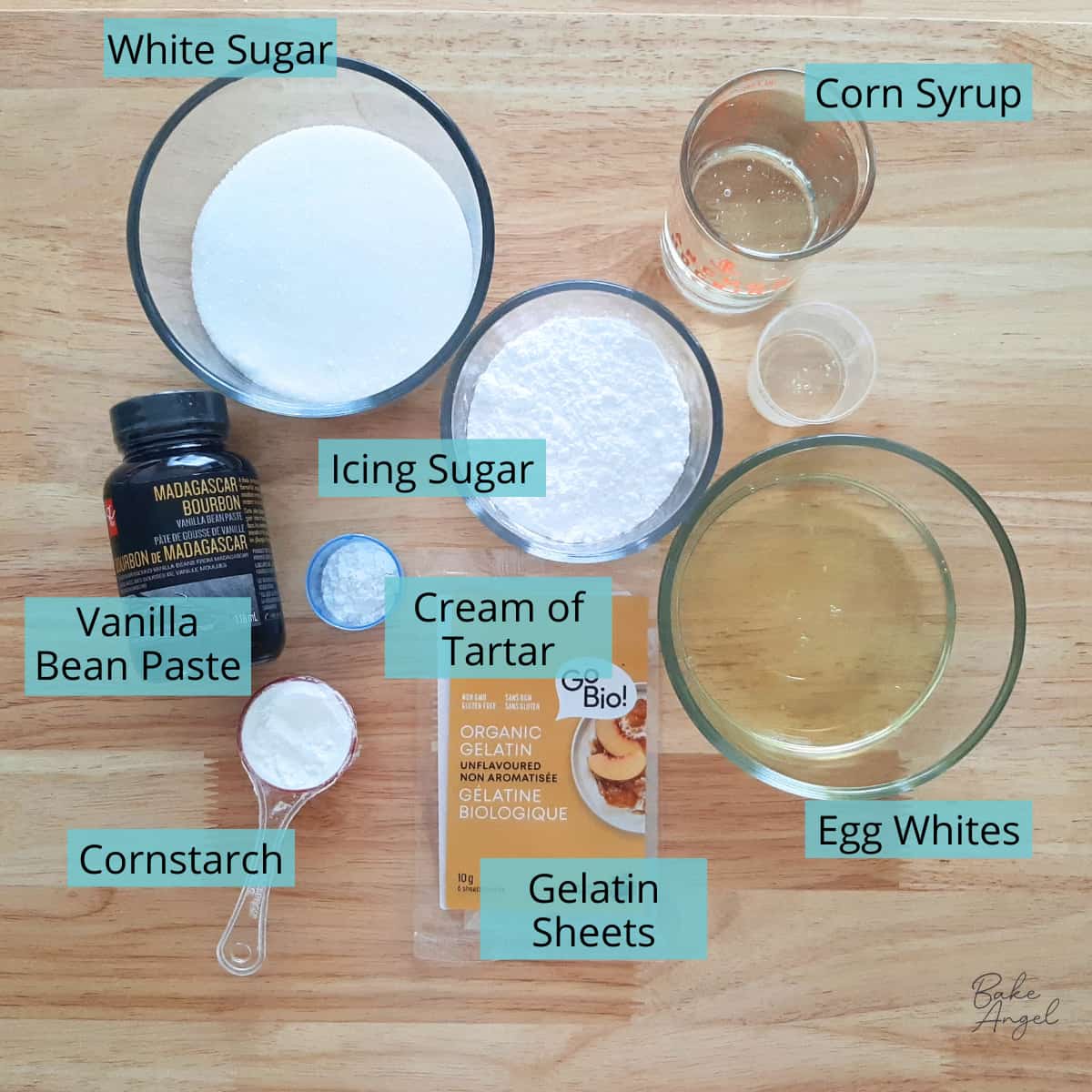 Assortment of ingredients measured out to make dairy-free gluten-free marshmallows.