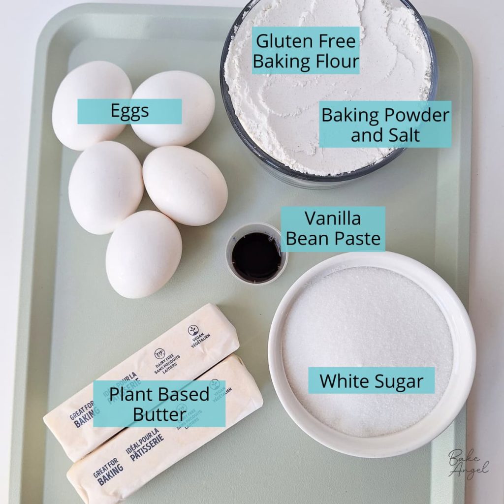 Ingredients measured into containers to make a dairy-free gluten-free Victoria sponge cake.